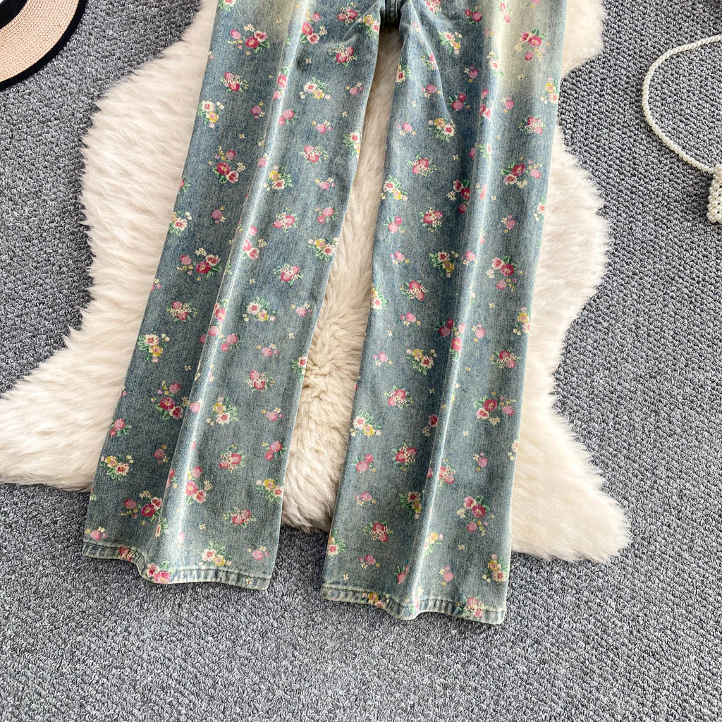 Floral Dream Denim Pants With Wide Leg Silhouette And High Waist