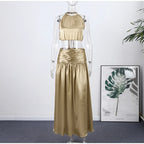 Two Piece Set Solid Color O Neck Top With Backless Lace Up And High Waist A Line Skirt