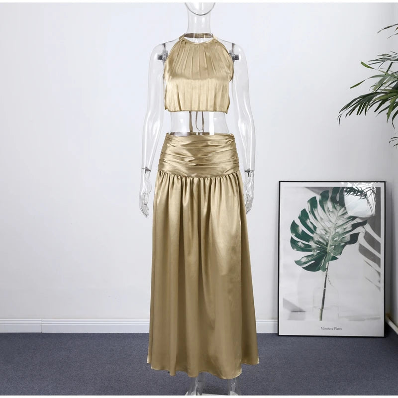 Two Piece Set Solid Color O Neck Top With Backless Lace Up And High Waist A Line Skirt