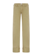 Khaki-colored Washed Low-rise Denim Pants with Rolled Cuffs and Straight-leg Design