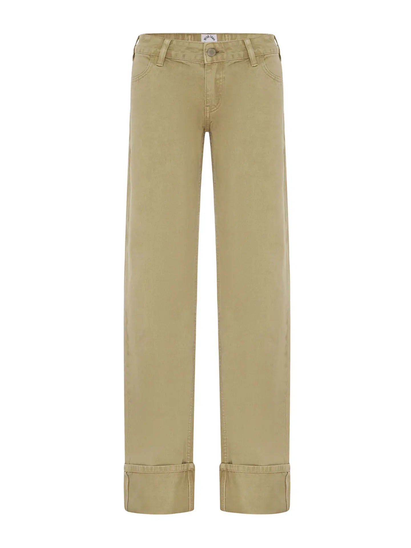 Khaki-colored Washed Low-rise Denim Pants with Rolled Cuffs and Straight-leg Design