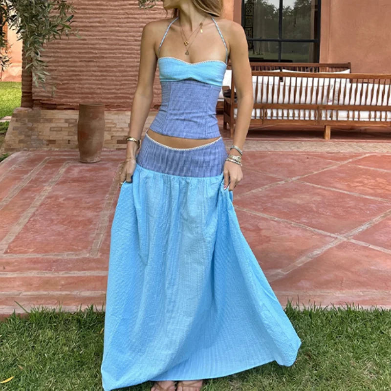 Hanging-Neck Top And A-Line Skirt Set Sleeveless Backless Bandage Style