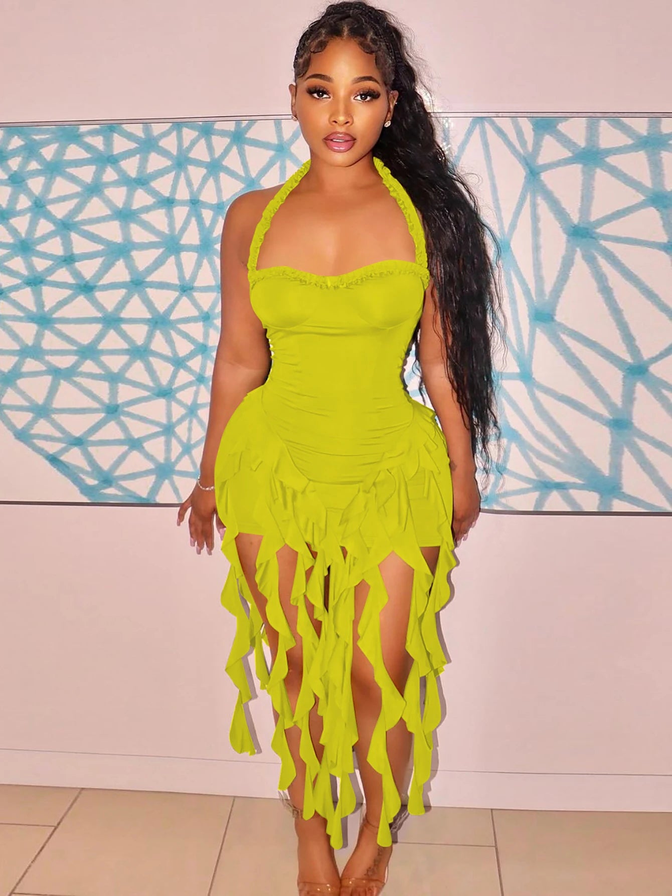 Elegant Halter Backless Ruffles Mini Dress Slim Fit With Tassel Detail