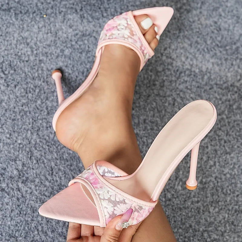 Embroidered Pointed Toe Mesh Heels Slip On Design Thin Heel