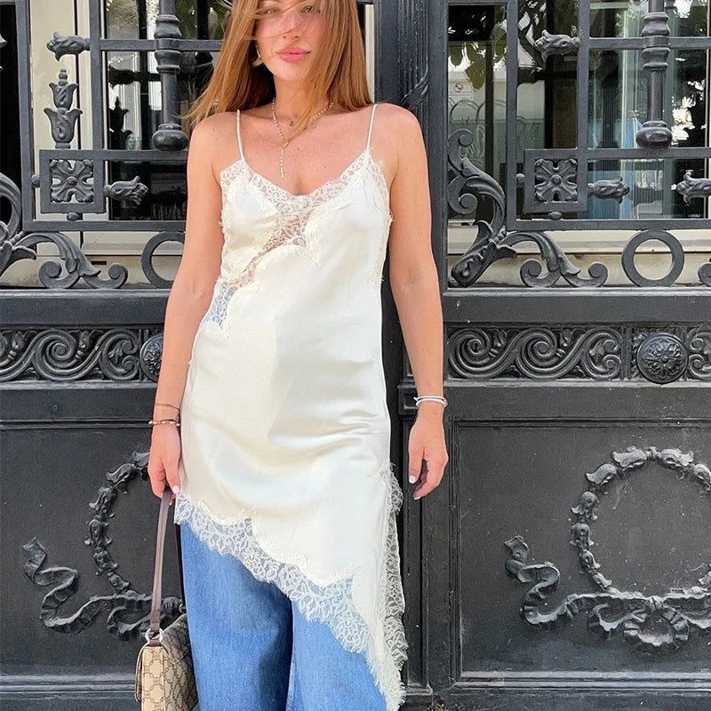 Satin Elegant Backless Lace Slip Dress