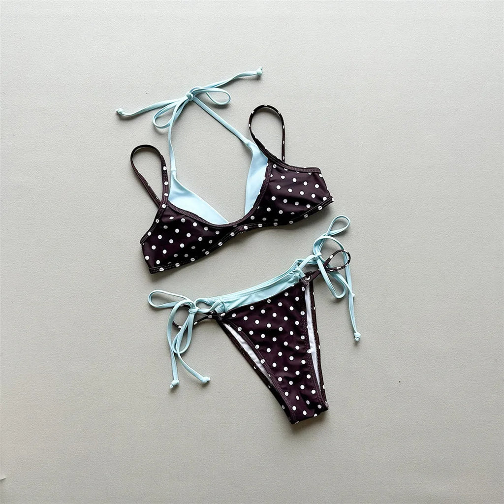 Halter Bikini Set in Plaid and Polka Dots