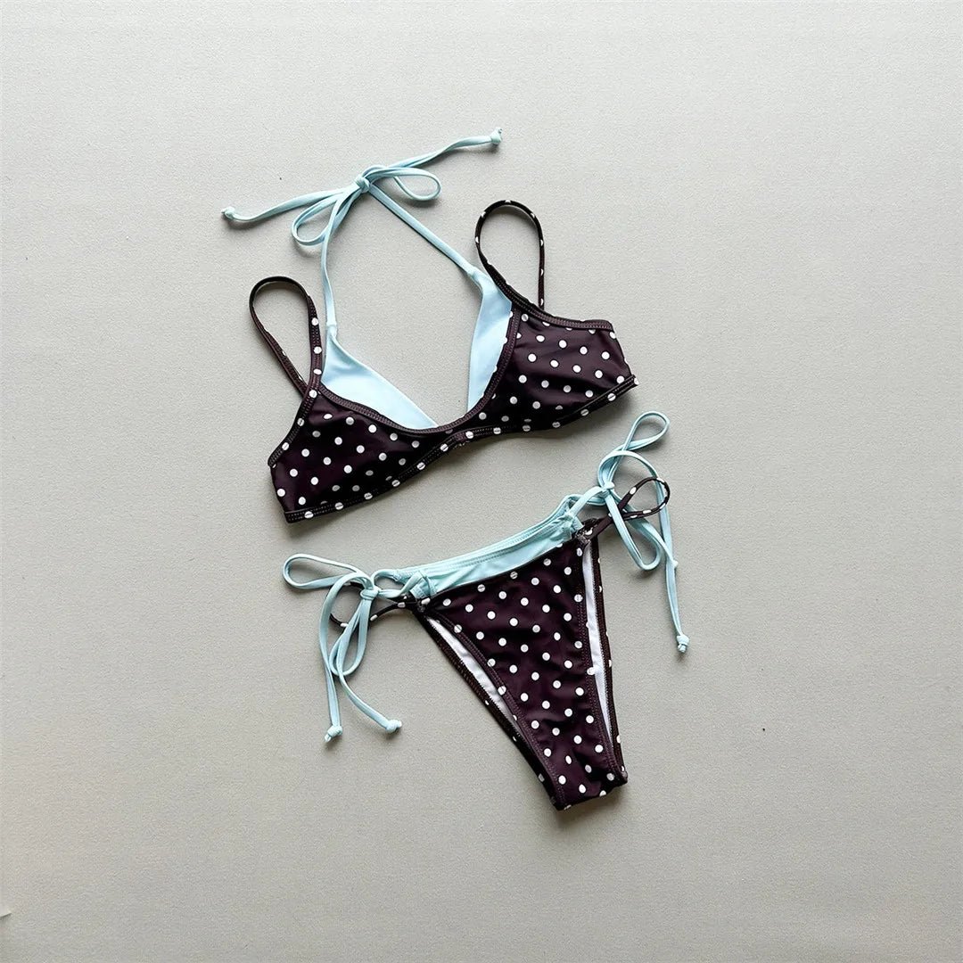 Halter Bikini Set in Plaid and Polka Dots