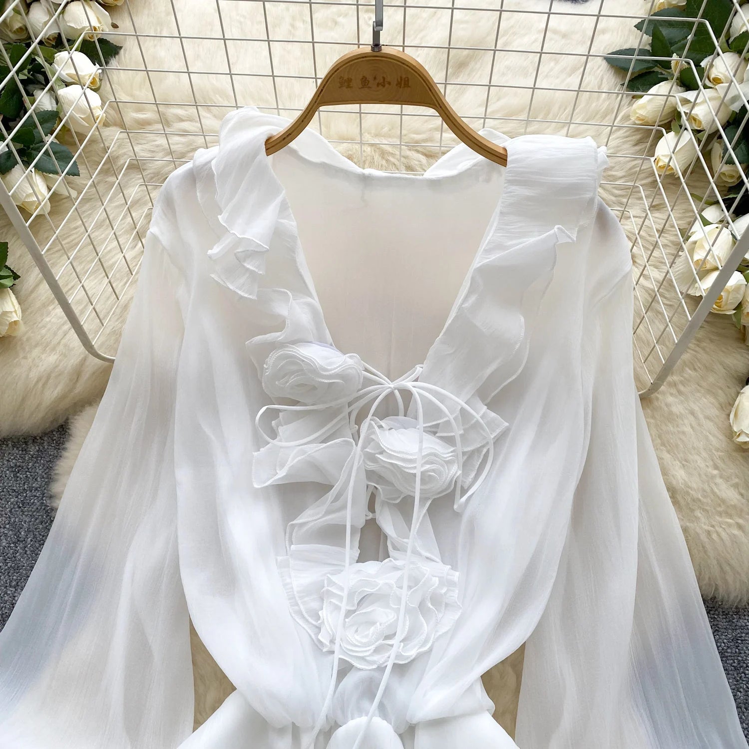Boho 3D Floral Chiffon Sundress With Long Sleeves Lace Up Ruffle Detail
