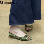 Elegant Polka Dot Satin Slippers With Square Toe And Butterfly Knot