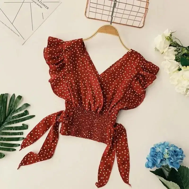 Polka Dot Chiffon Lace Up V Neck Blouse With Flowy Sleeves
