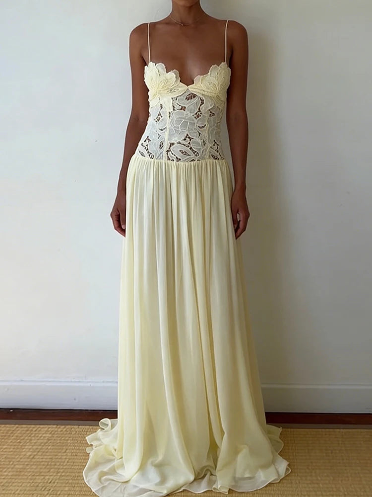 Hollow Out Lace Patchwork Sleeveless Dress With V Neck
