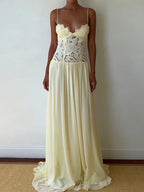 Hollow Out Lace Patchwork Sleeveless Dress With V Neck