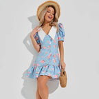 Puff Sleeves Ruffled Mini Dress With Pearl Buttons