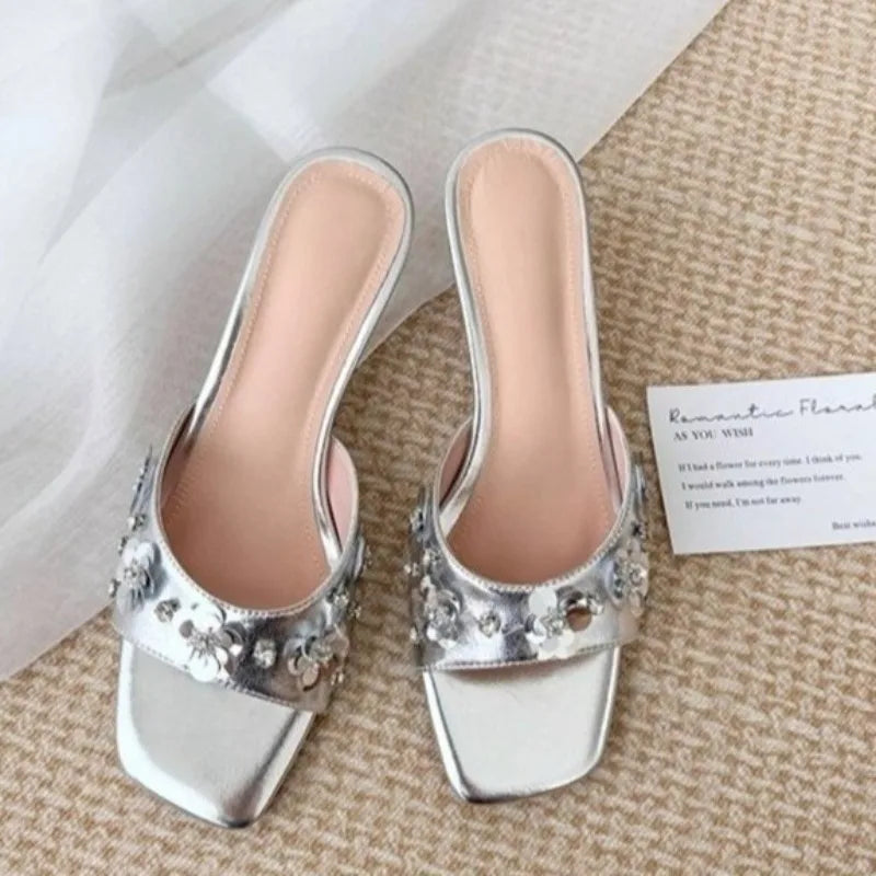 Women's Non-slip Stiletto Satin Rhinestone Square-toe High-heeled Slippers
