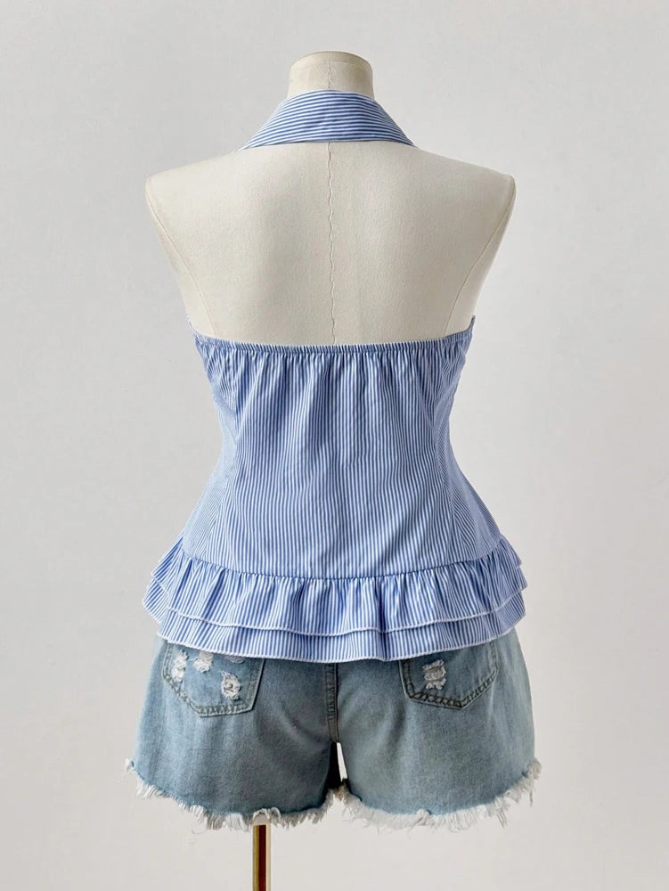 Blue Striped Sleeveless Shirt With Pleated Hem V Neck