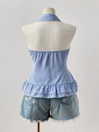 Blue Striped Sleeveless Shirt With Pleated Hem V Neck