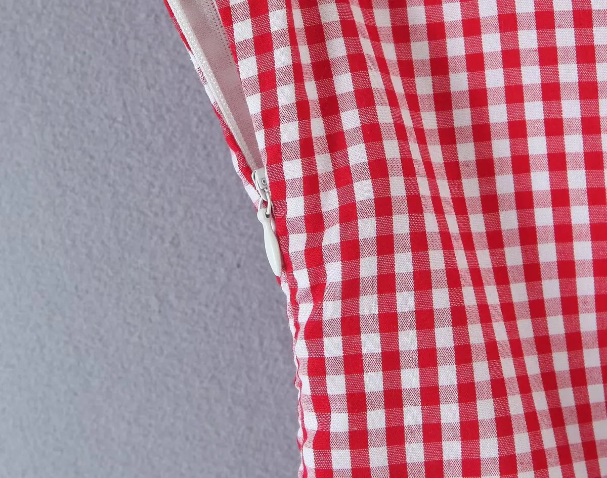 Sexy Women Plaid Spliced Sling Mini Summer Dress Lacing Up Bandage Back A-line Cotton Dress