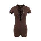 Sexy Lace Up Front Short Sleeve Playsuit In Knit Fabric Flirty One Piece Romper
