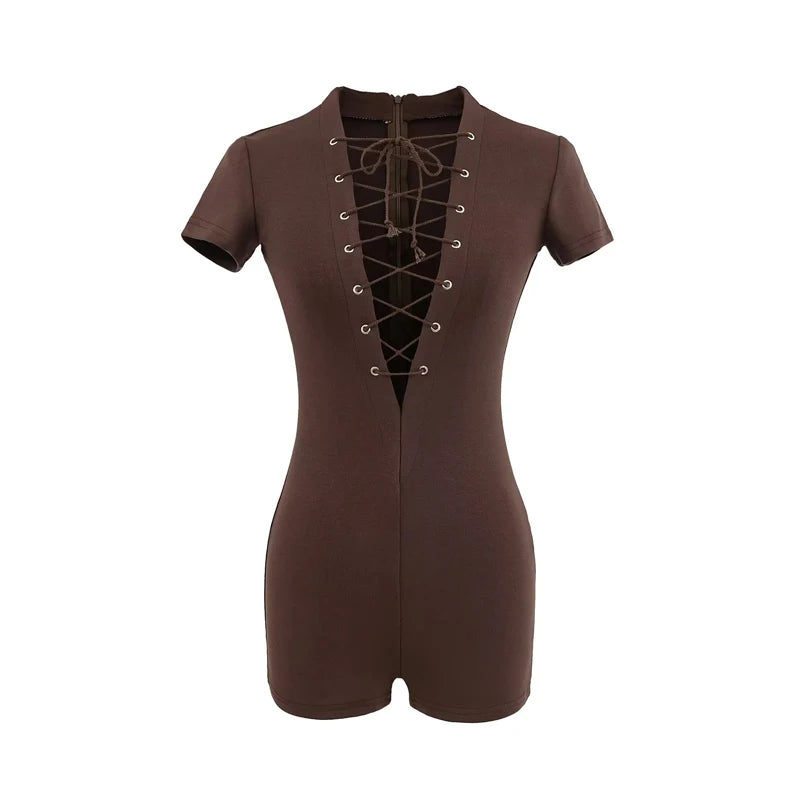 Sexy Lace Up Front Short Sleeve Playsuit In Knit Fabric Flirty One Piece Romper