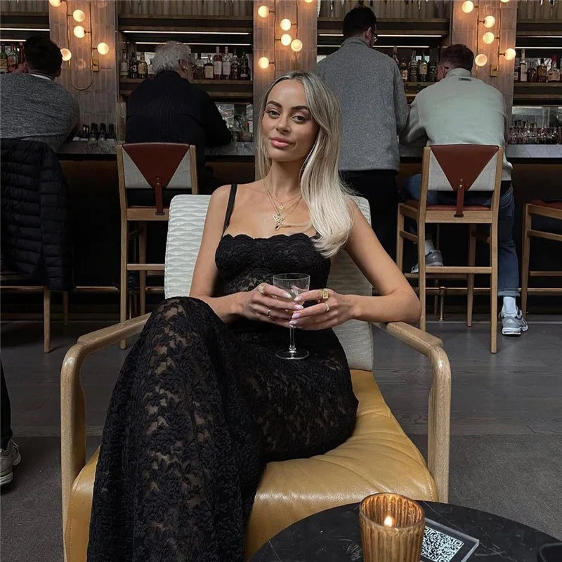Sexy Lace Black Maxi Dress Nightclub Bodycon Silhouette