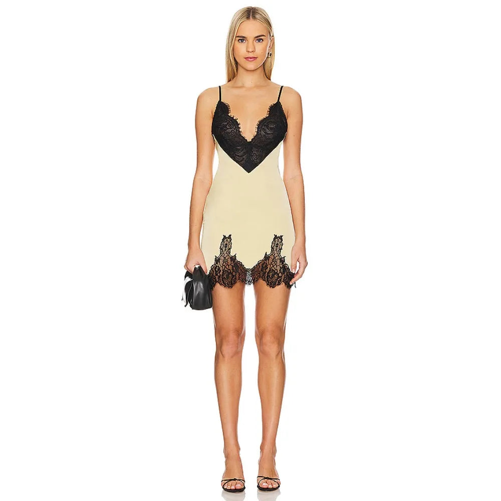 Mini Lace Sexy Evening Spaghetti Straps Satin Dress