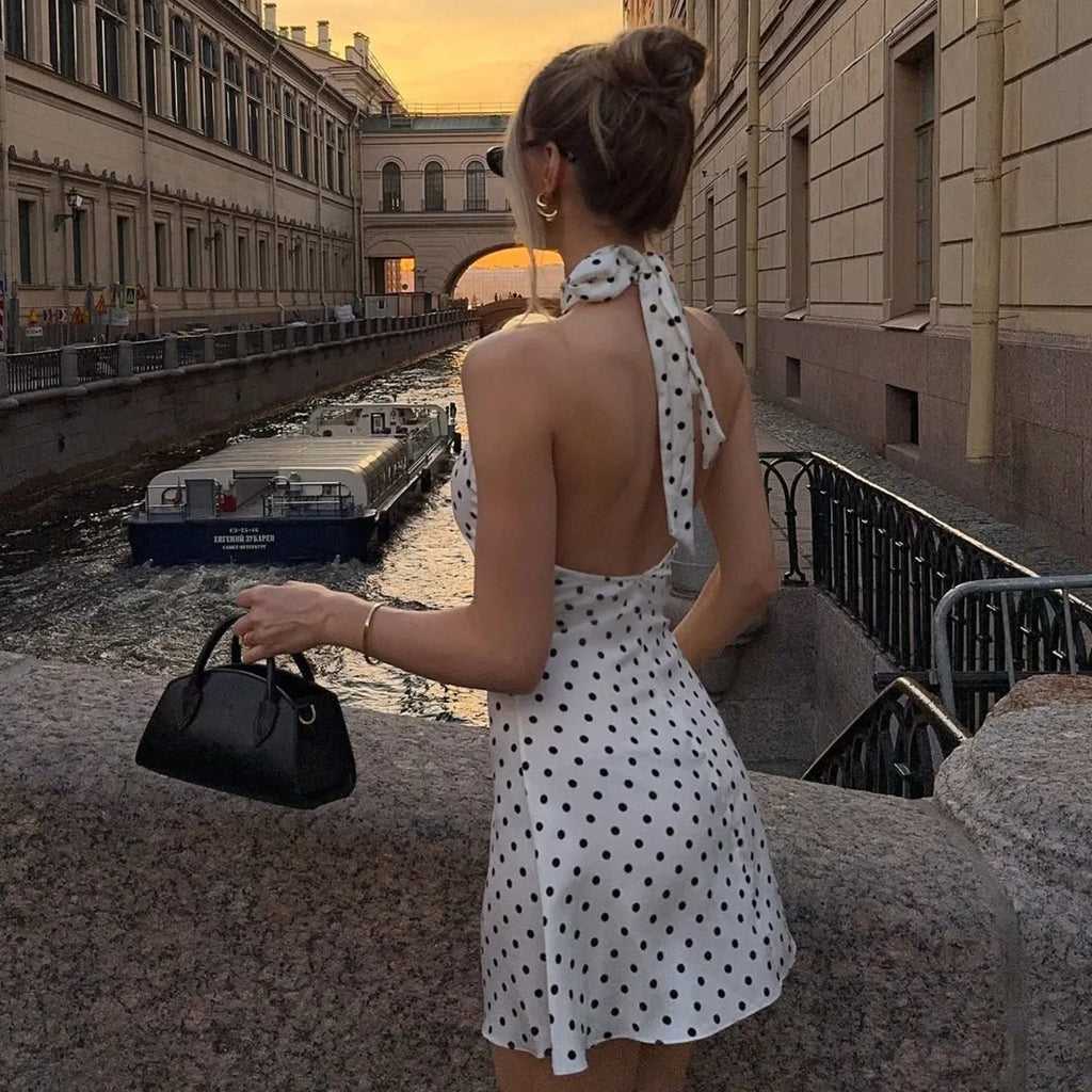 Elegant Off Shoulder Polka Dot Mini Dress Sleeveless Backless High Waist