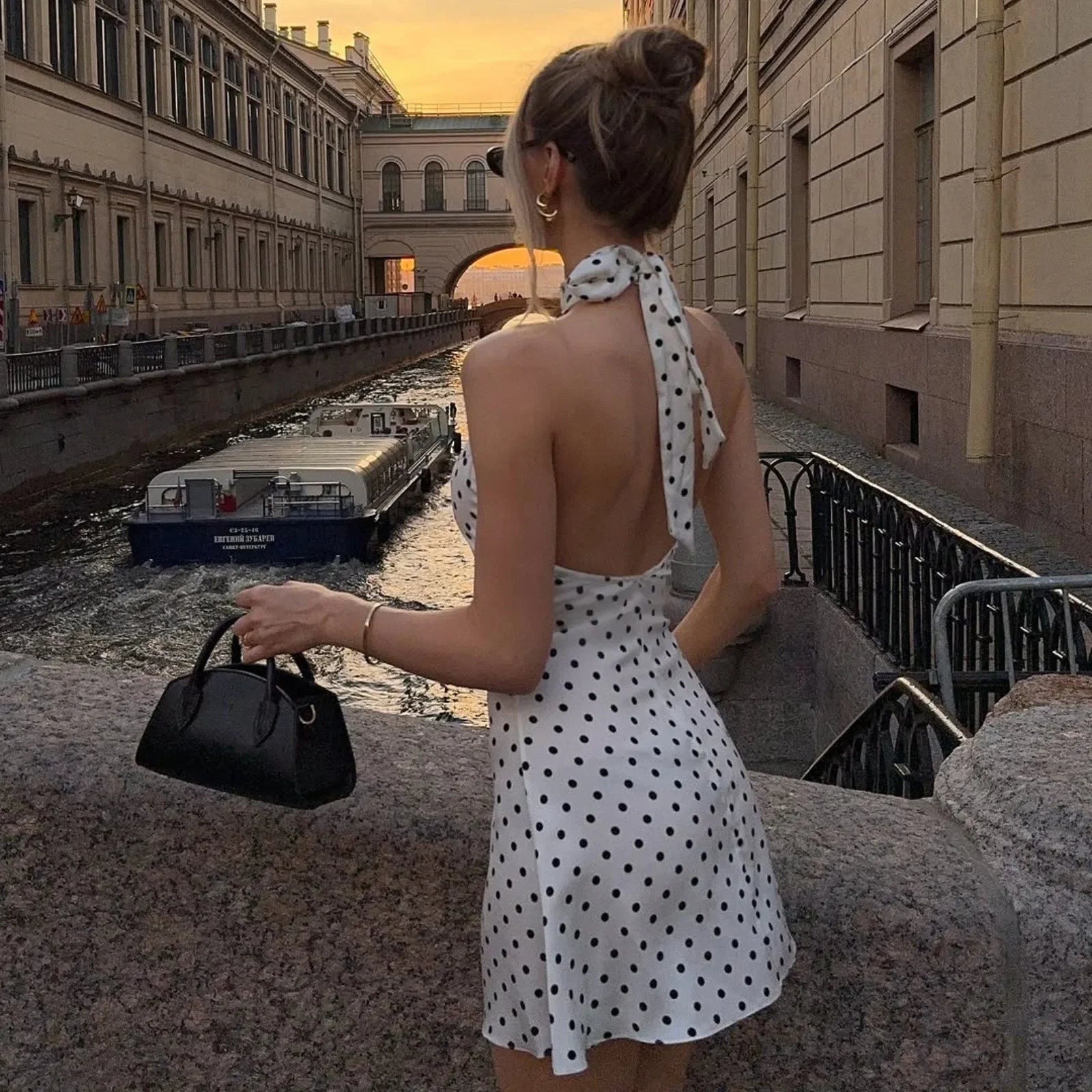 Elegant Off Shoulder Polka Dot Mini Dress Sleeveless Backless High Waist