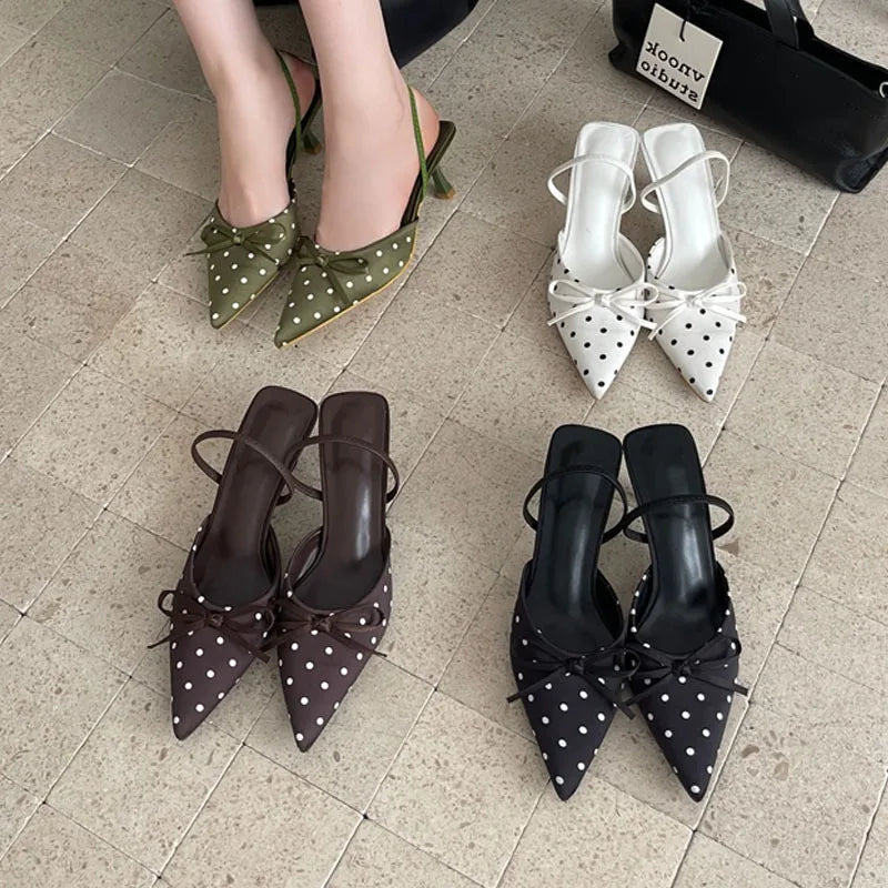 Satin Butterfly Polka Dot Pointed Toe Mules For Women Low Heel Pumps