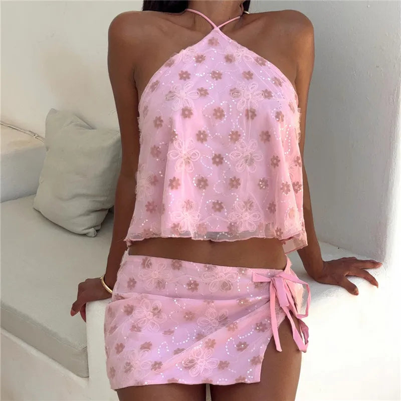 Sparkling Sequin Two Piece Set Sleeveless Top And Shimmer Mini Skirt