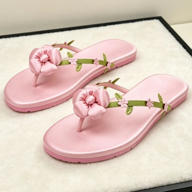 Pink Satin Flower Decorated Flip Flops For Women Comfortable Split Toe Sandals