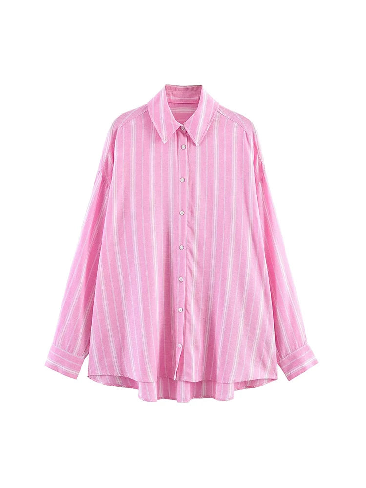 Pink Stripe Shirt Set With Pleated Long Skirt Elegant Two Piece Suit