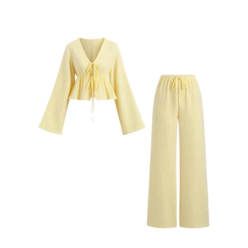 Striped Lace Up Two Piece Set V Neck Top And Elastic Waist Pants