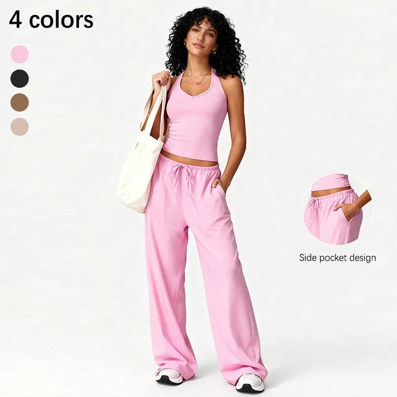 Two Piece Set With Sleek V Neck Tank Backless Detail And Wide Leg Pants