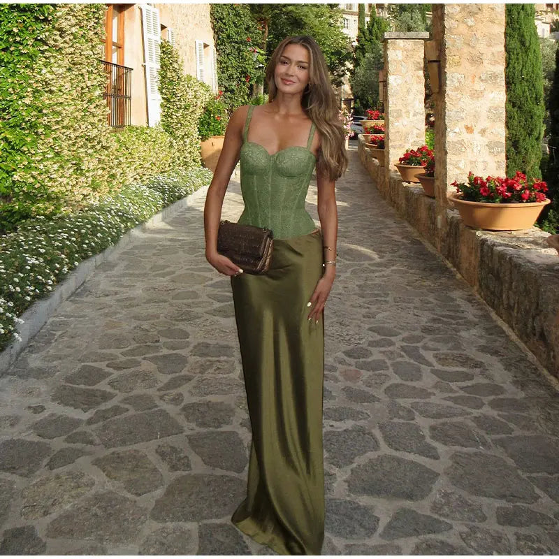 Two Piece Lace Up Top V Neck Sleeveless And A Line Skirt Set