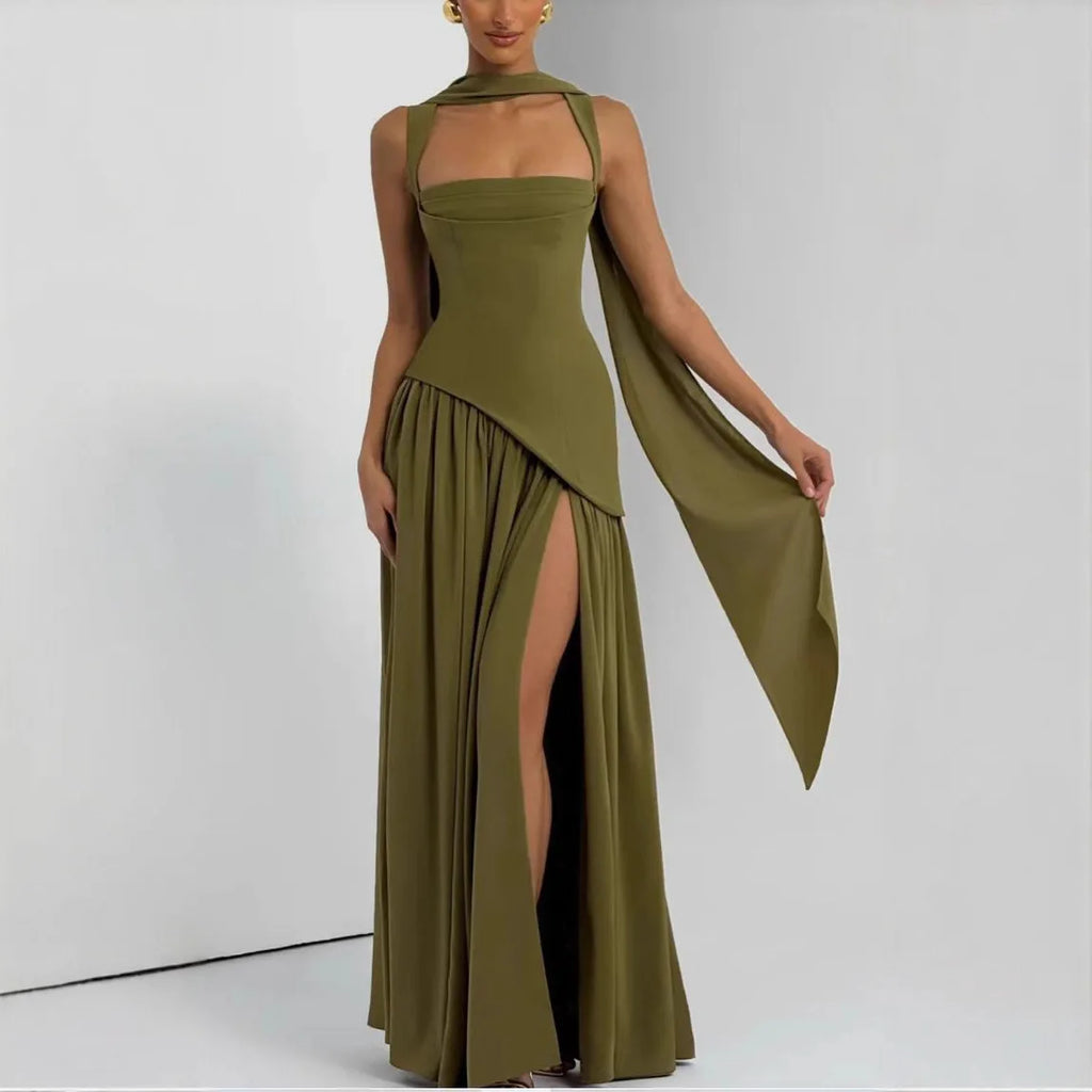 Olive Green Maxi Dress With Scarf Flowy Silhouette