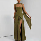 Olive Green Maxi Dress With Scarf Flowy Silhouette