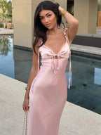 Backless Lace Up Midi Dress With Spaghetti Straps