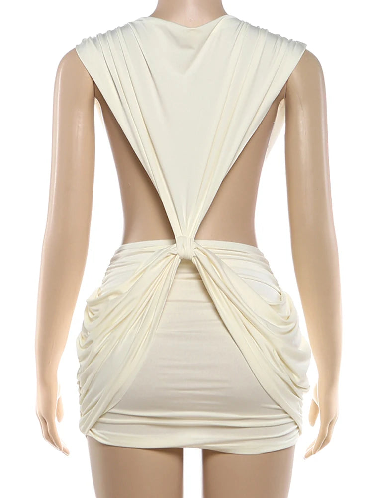 Patchwork Ruched Deep V Neck Sleeveless Backless Bodycon Dress