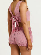 Plaid Set With Tie Back Sleeveless Crop Top And Mini Ruffle Shorts Two-piece