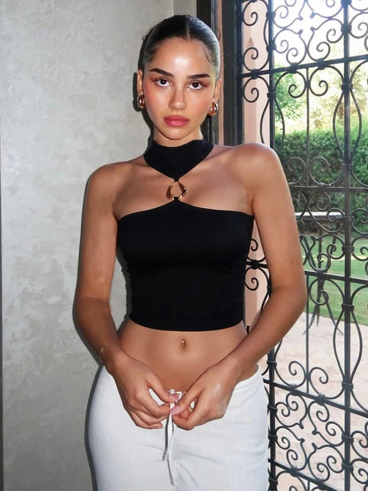 Off Shoulder Metal Buckle Tank Top For Women High Stretch Body Skimming Street Style