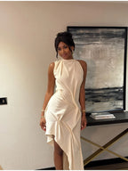 Chic Backless Off Shoulder Pleated Knee Length Dress With Irregular Silhouette