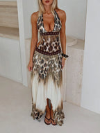 Leopard Print Halter Maxi Dress Backless Sleeveless