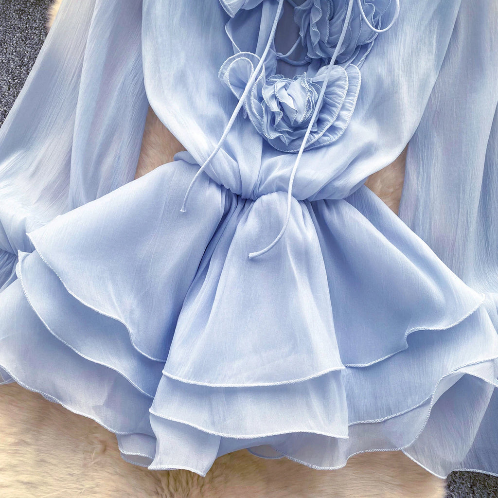 Boho 3D Floral Chiffon Sundress With Long Sleeves Lace Up Ruffle Detail