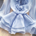 Boho 3D Floral Chiffon Sundress With Long Sleeves Lace Up Ruffle Detail