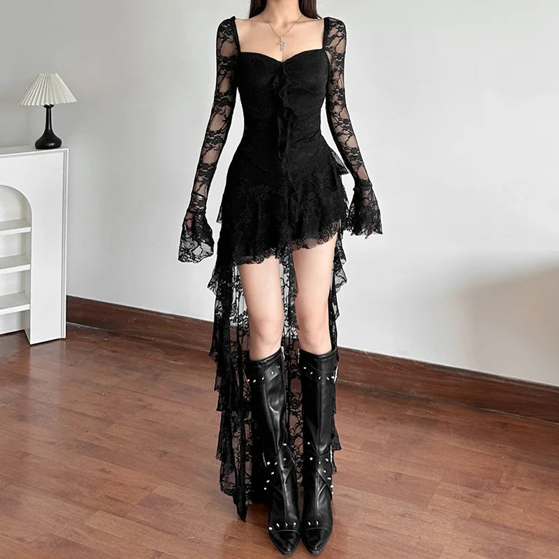 Gothic Fairycore Lace A Line Dress With Flare Sleeves And Square Neck