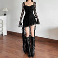 Gothic Fairycore Lace A Line Dress With Flare Sleeves And Square Neck