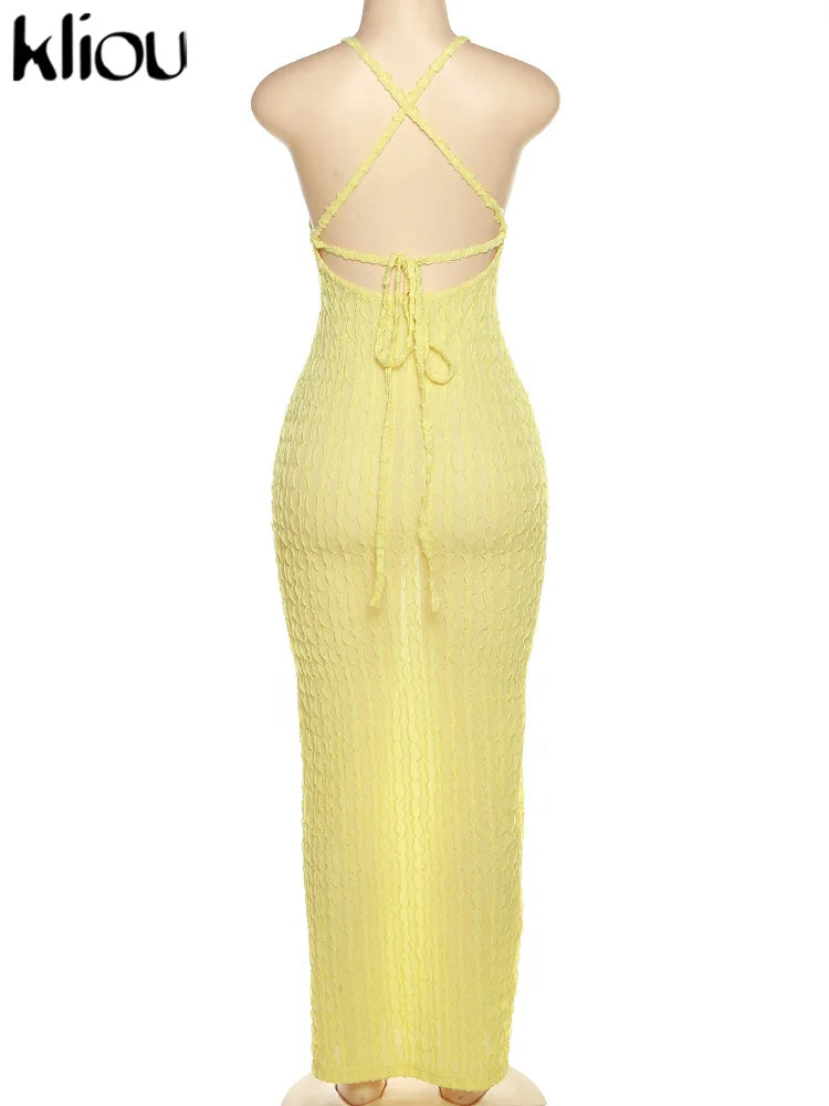 Ruched Spaghetti Strap Maxi Dress Backless Bandage For Women