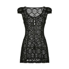 Sheer Lace Mini Dress With V Neck Short Sleeves Hollow Details