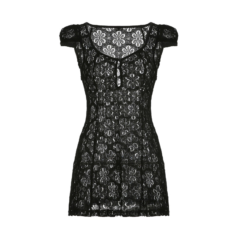 Sheer Lace Mini Dress With V Neck Short Sleeves Hollow Details