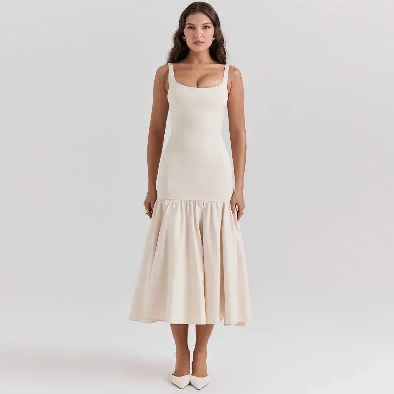 Women Ruffles Suspenders Dress Slim Solid Square Collar Sleeveless